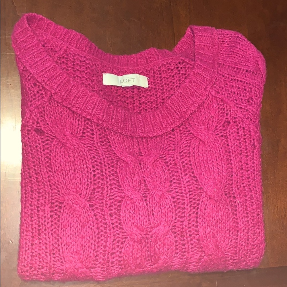 Loft Ann Taylor Boatneck Pink Cable Knit Sweater L EUC